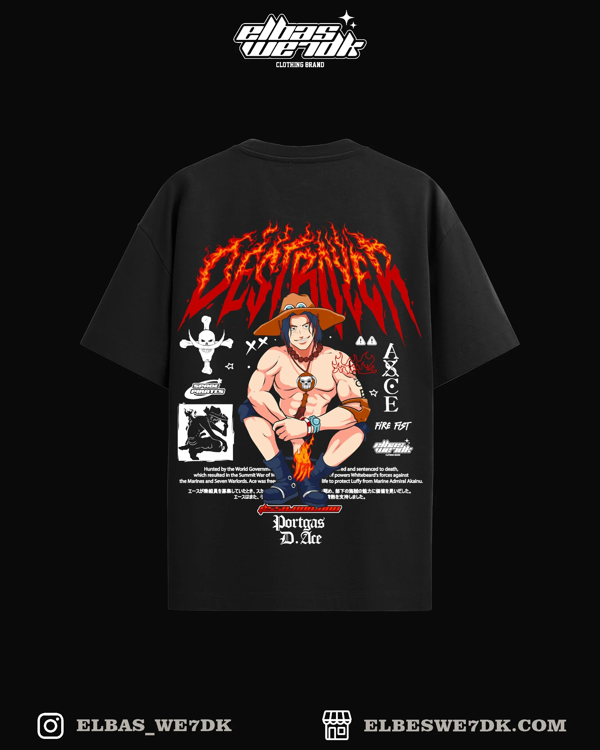Oversize ACE FIRE t-shirt from ELBAS WE7DK brand with anime design