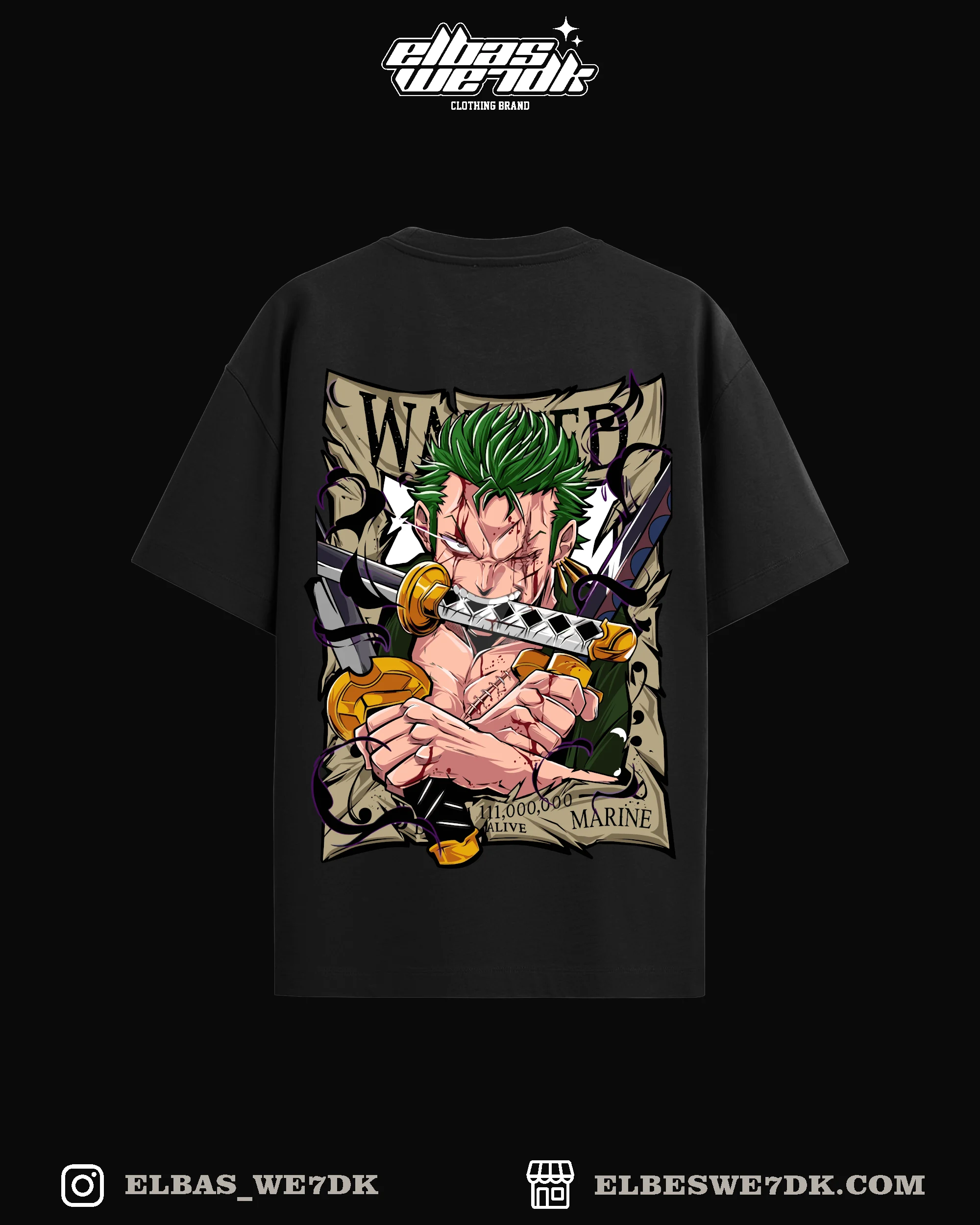 ZORO WANTED t-shirt from ELBAS WE7DK, high quality cotton streetwear.
