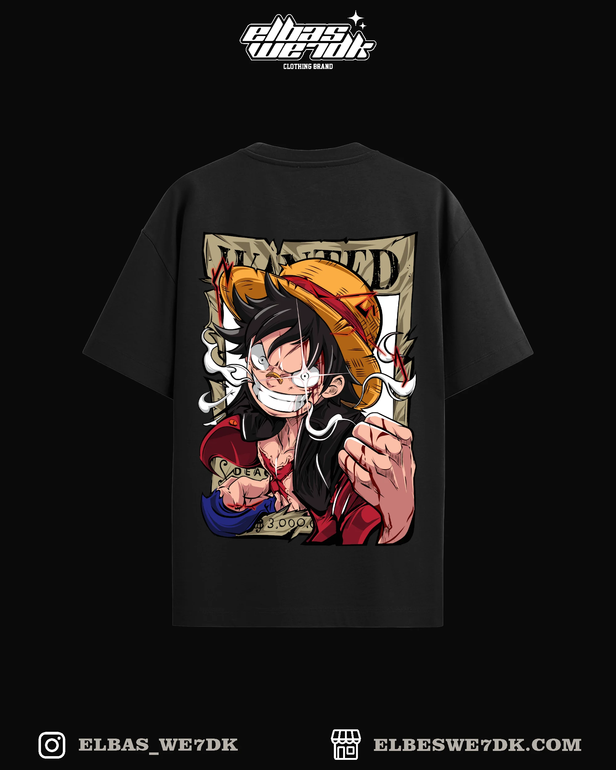 Luffy Wanted t-shirt from ELBAS WE7DK anime collection