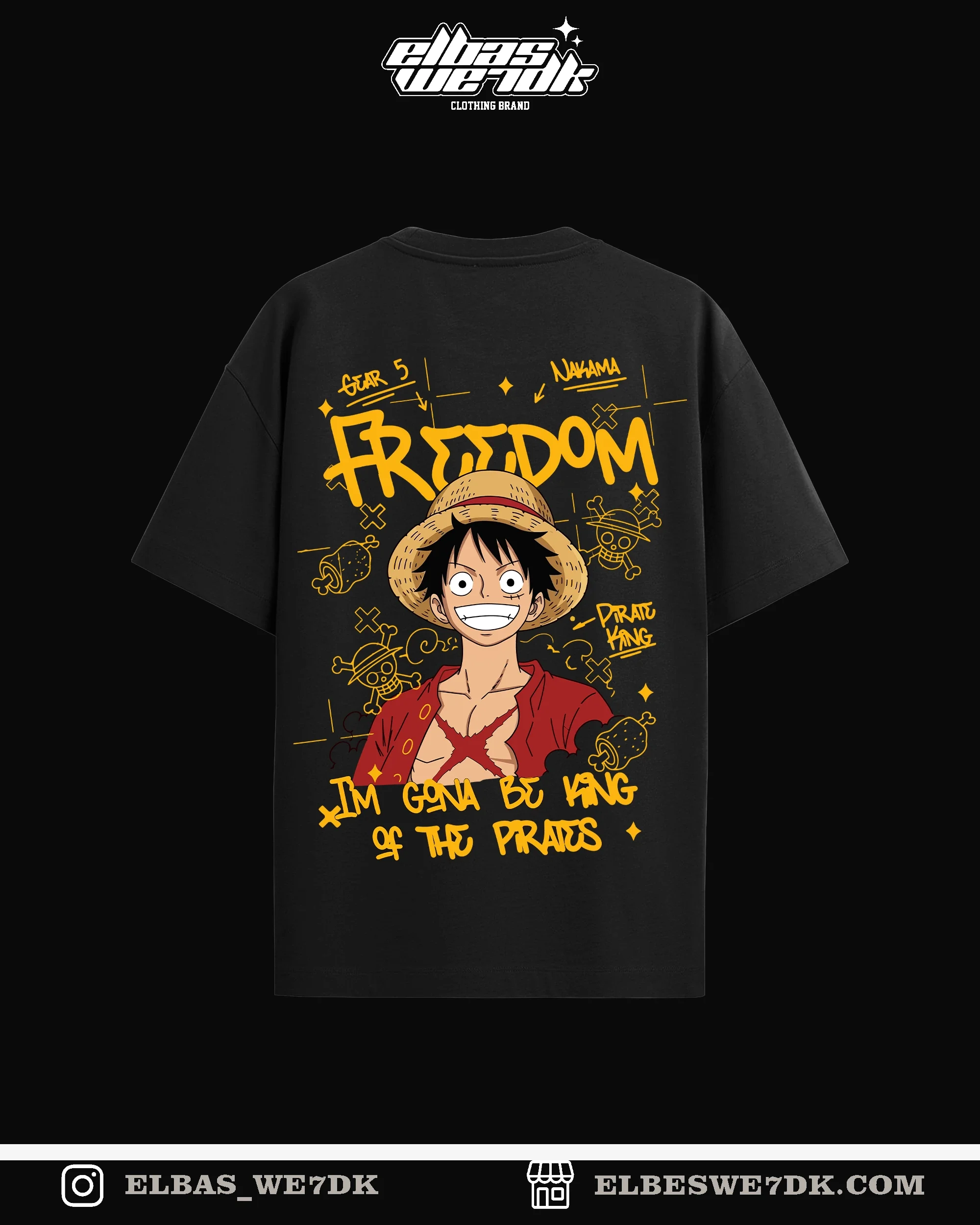 Luffy Freedom anime t-shirt by ELBAS WE7DK, oversized fit, front view.