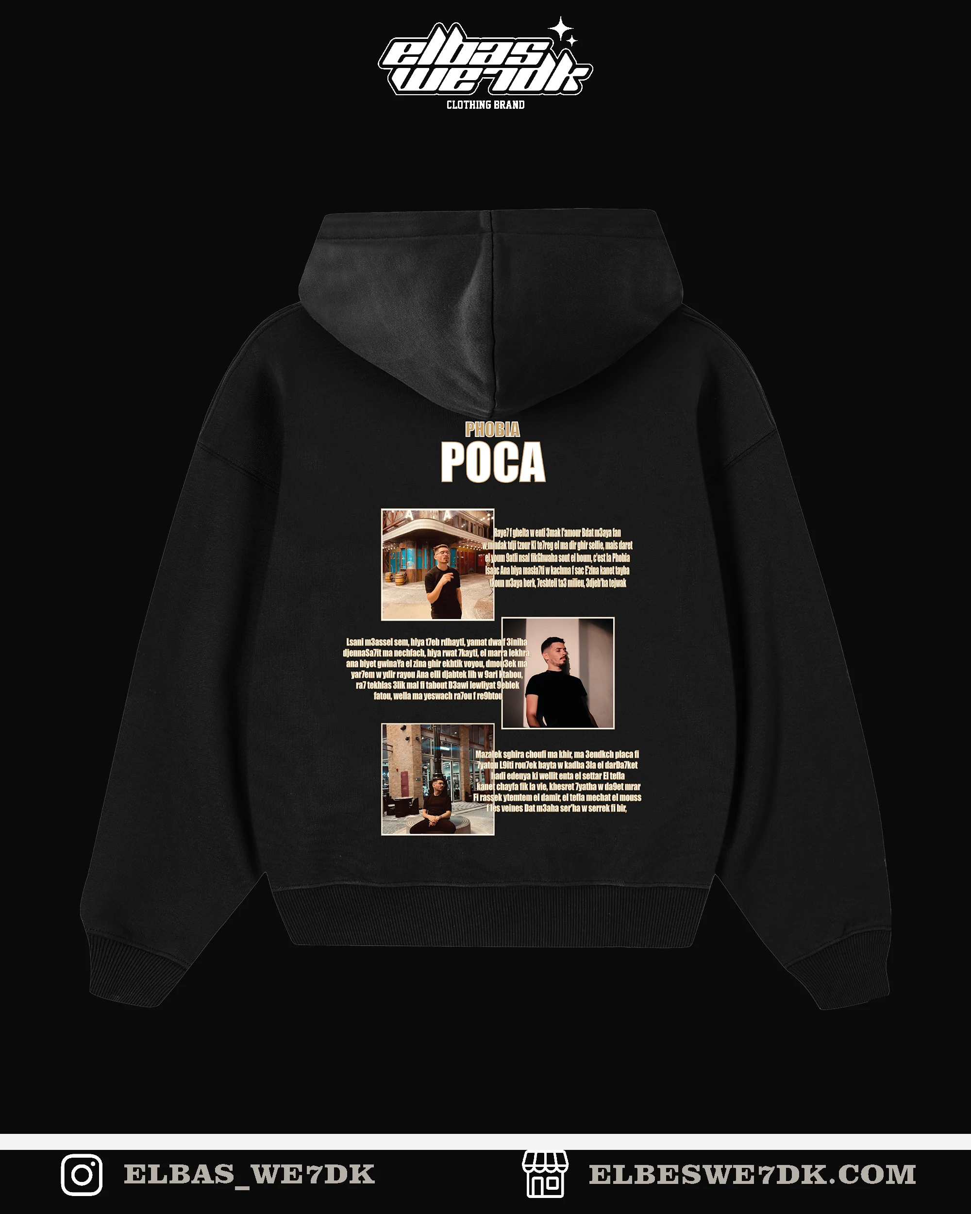 A young man wearing the oversized HOODIE POCA from ELBAS WE7DK street wear collection.