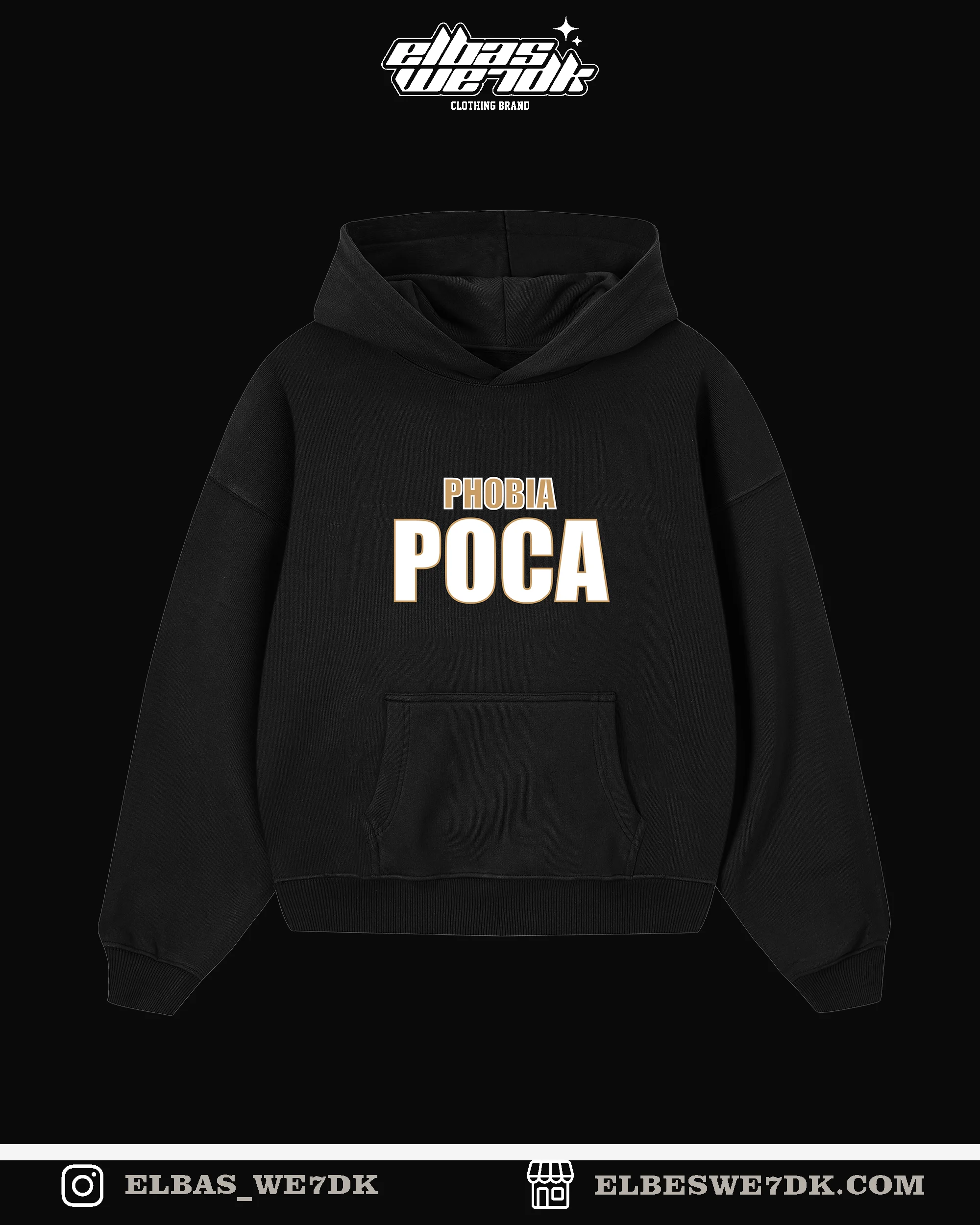 A young man wearing the oversized HOODIE POCA from ELBAS WE7DK street wear collection.