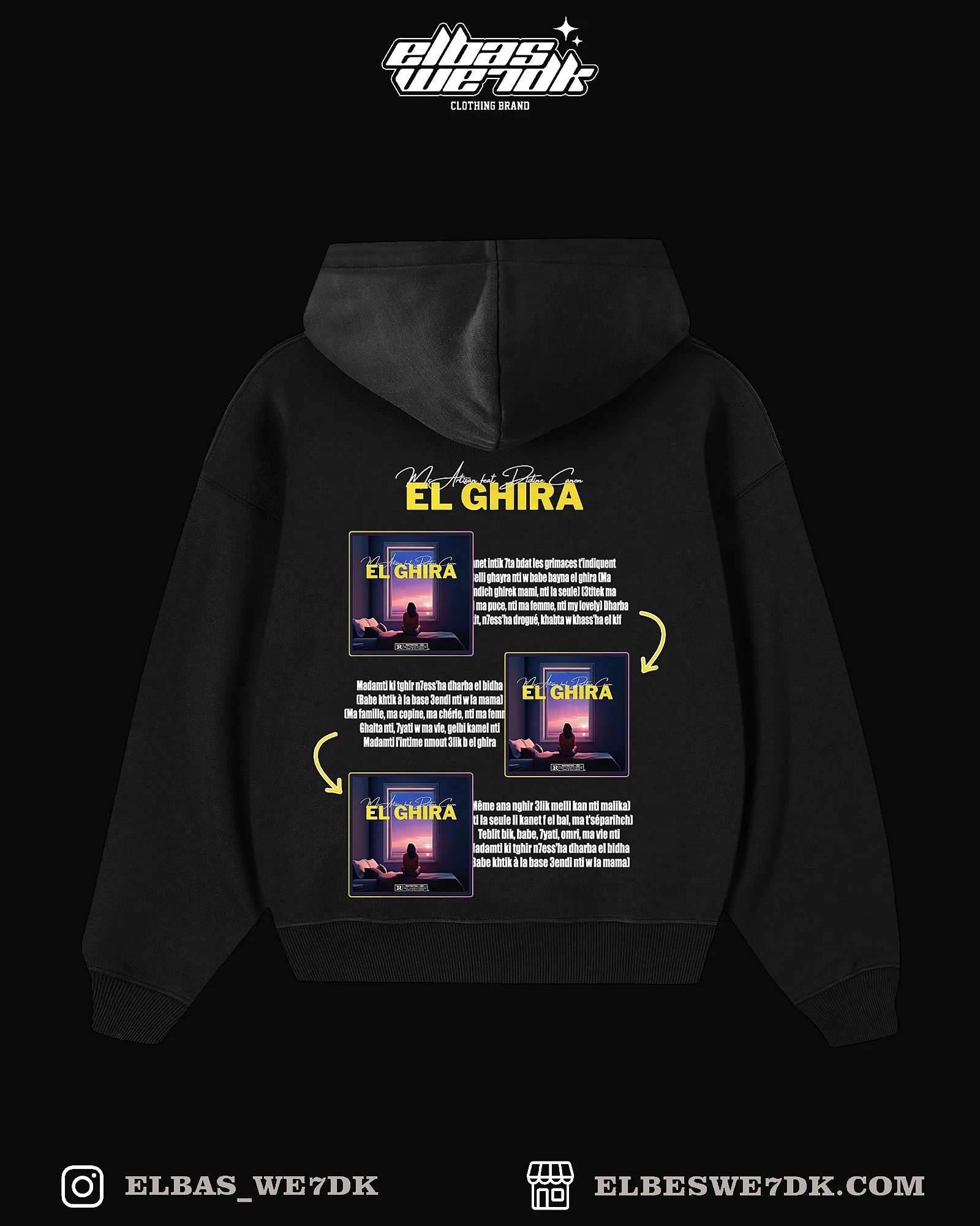 Man wearing a black HOODIE EL GHIRA oversized hoodie by ELBAS WE7DK