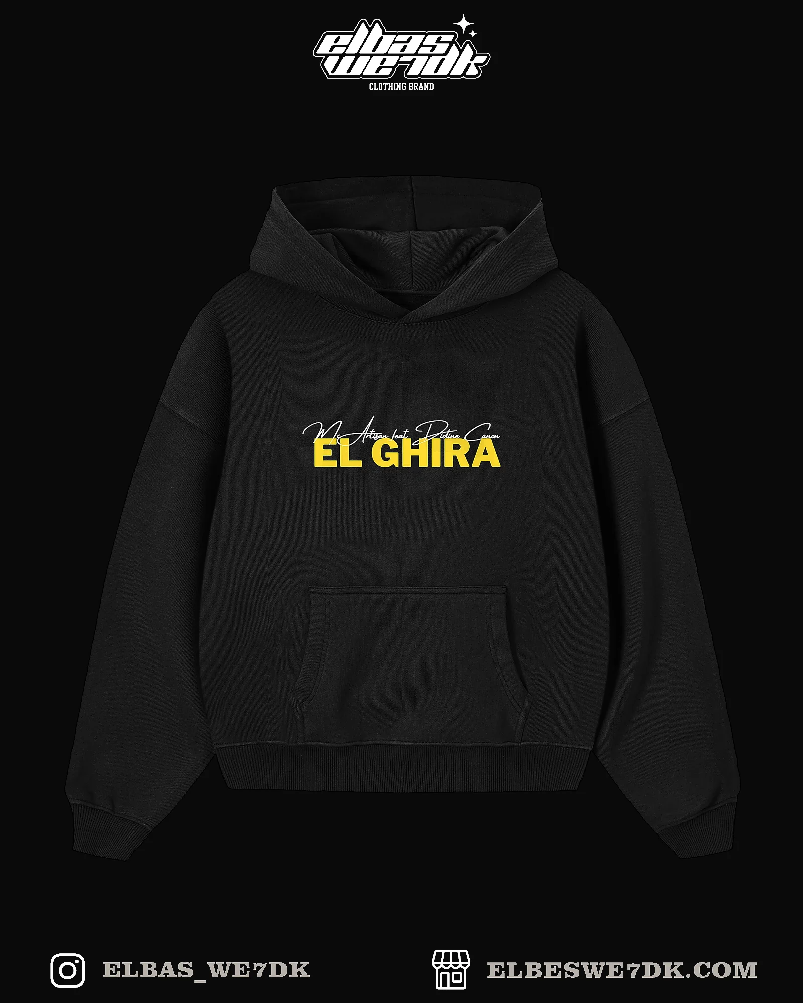 Man wearing a black HOODIE EL GHIRA oversized hoodie by ELBAS WE7DK